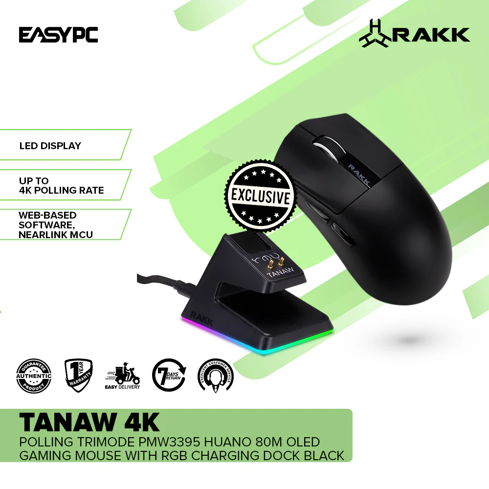 RAKK TANAW 4K Polling Trimode PMW3395 Huano 80M OLED Gaming Mouse with RGB Charging Dock Black - Image 2
