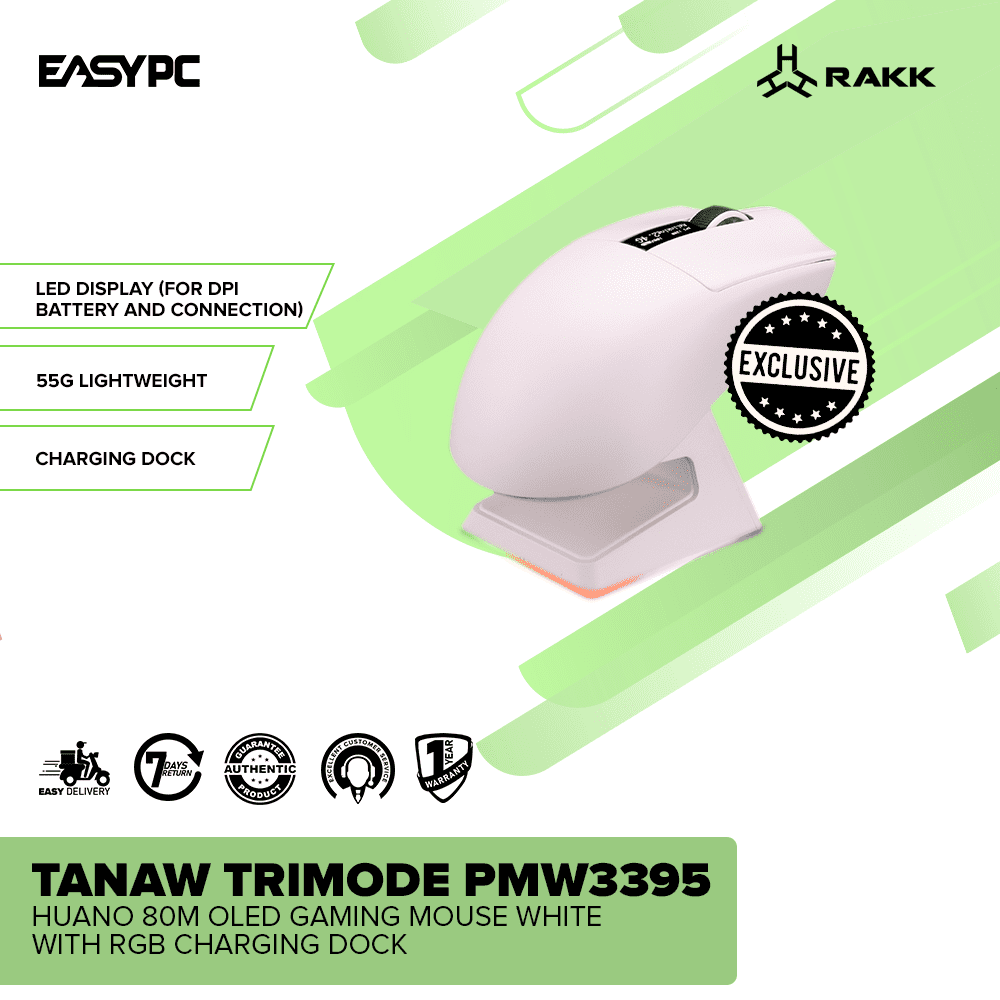 RAKK TANAW Trimode PMW3395 Huano 80M OLED Gaming Mouse White with RGB Charging Dock - Image 2