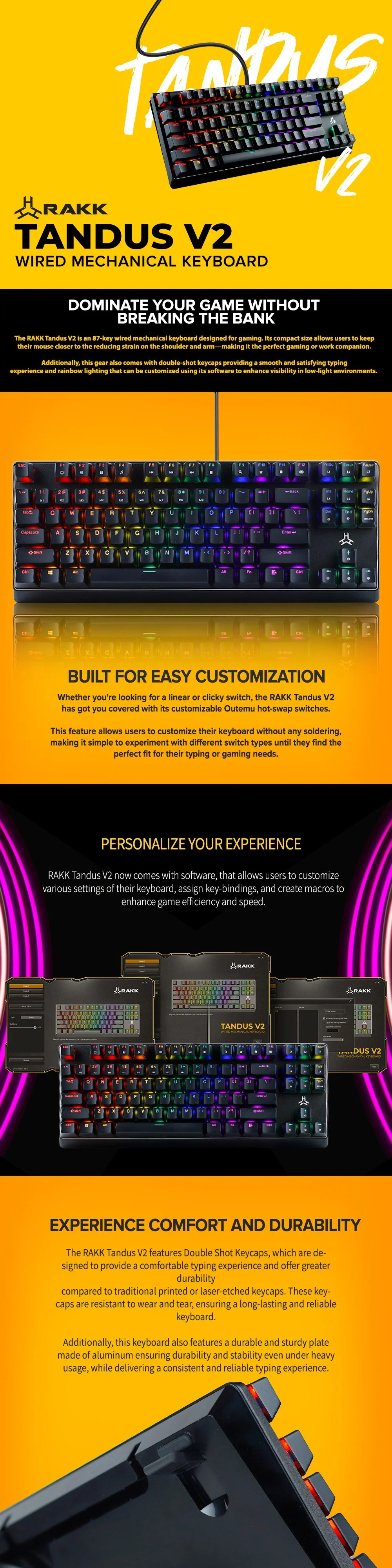 RAKK TANDUS V2 87 Keys Wired Gaming Keyboard/Seamless Doubleshot Keycaps/Rainbow LED/Outemu Blue - Image 5