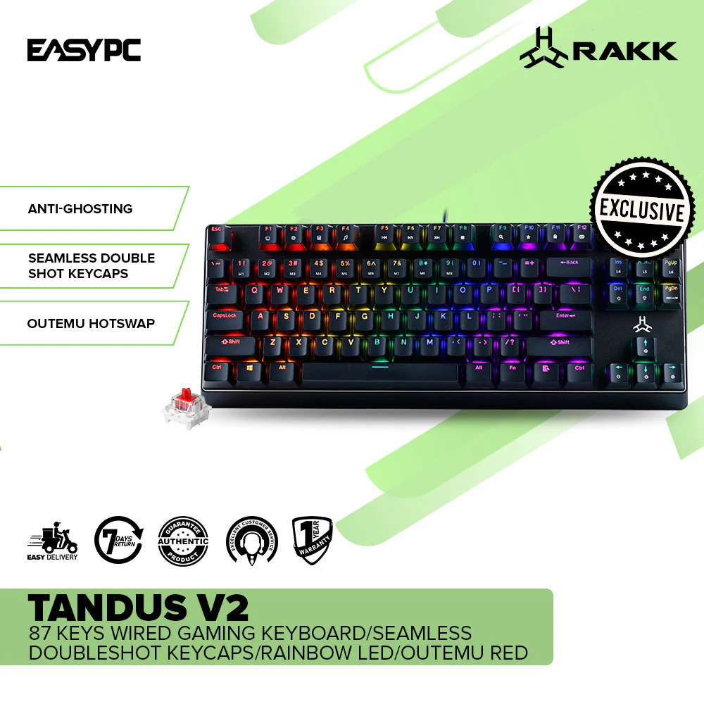 RAKK TANDUS V2 87 Keys Wired Gaming Keyboard/Seamless Doubleshot Keycaps/Rainbow LED/Outemu Red - Image 2
