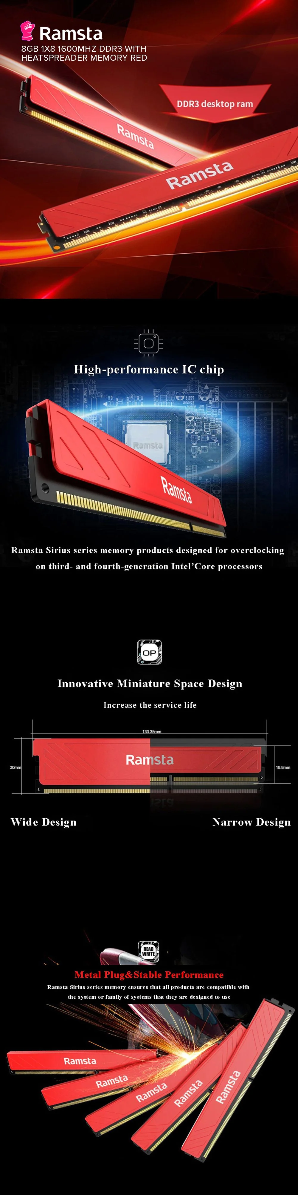 Ramsta 8gb 1x8 1600mhz U-DIMM DDR3 RAM 288 Pin with Heatspreader Memory Red - Image 7