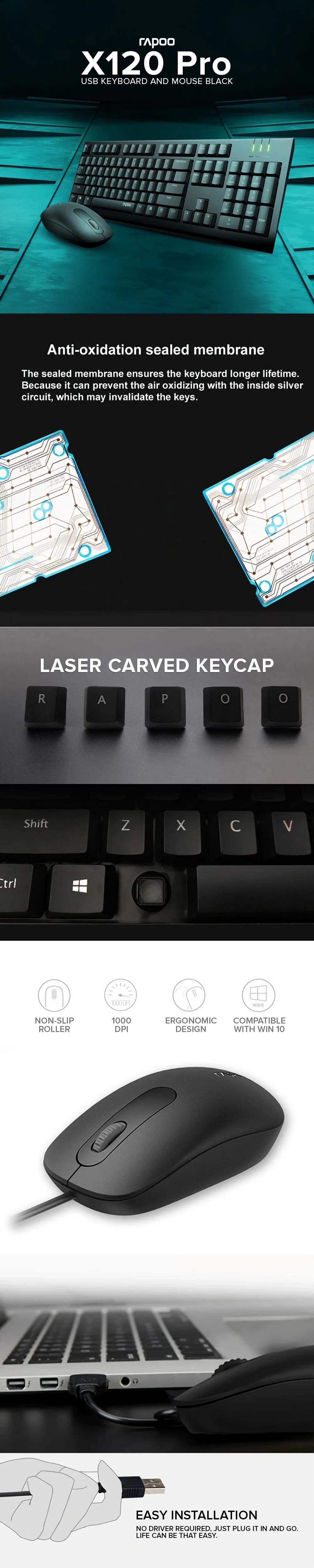 Rapoo X120 Pro 1000 DPI tracking engine Enjoy responsive and smooth cursor control with 1000 DPI optical tracking engine Keyboard and Mouse Usb Black - Image 6