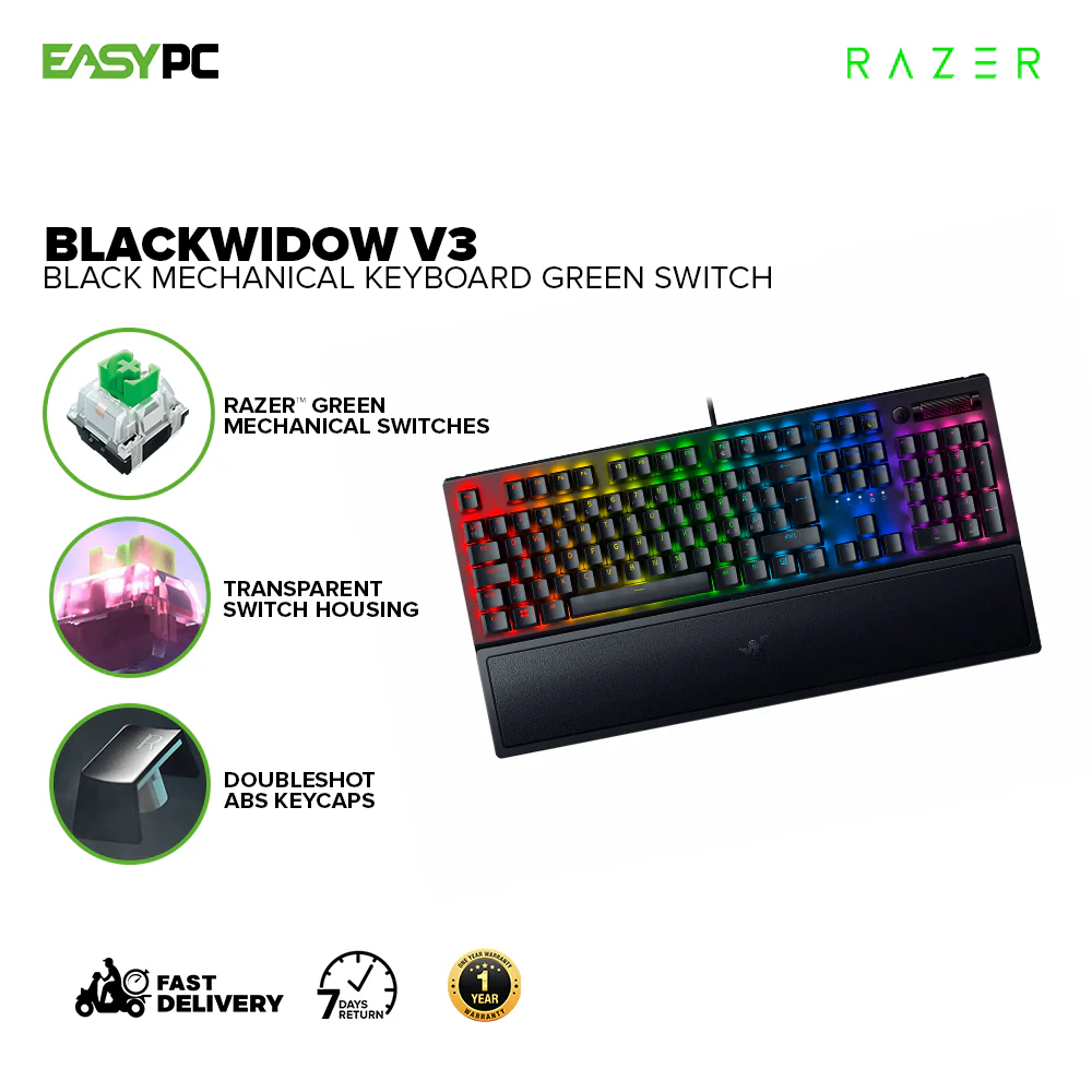 Razer BlackWidow V3 Black Mechanical Gaming Keyboard Green Switch with Razer Chroma RGB, Transparent switch housing, Doubleshot ABS keycaps Gaming Keyboard RZ03-03541800-R3M1 1ION RARZ2198 - Image 2