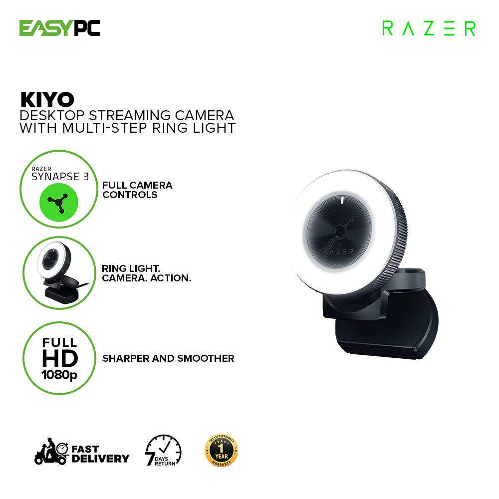 Razer Kiyo 1080p 30 FPS / 720p 60 FPS - Ring Light w/ Adjustable Brightness - Built-in Microphone - Advanced Autofocus Desktop streaming camera with multi-step ring light RZ19-02320100-R3M1 1ION RARZ2169 - Image 2