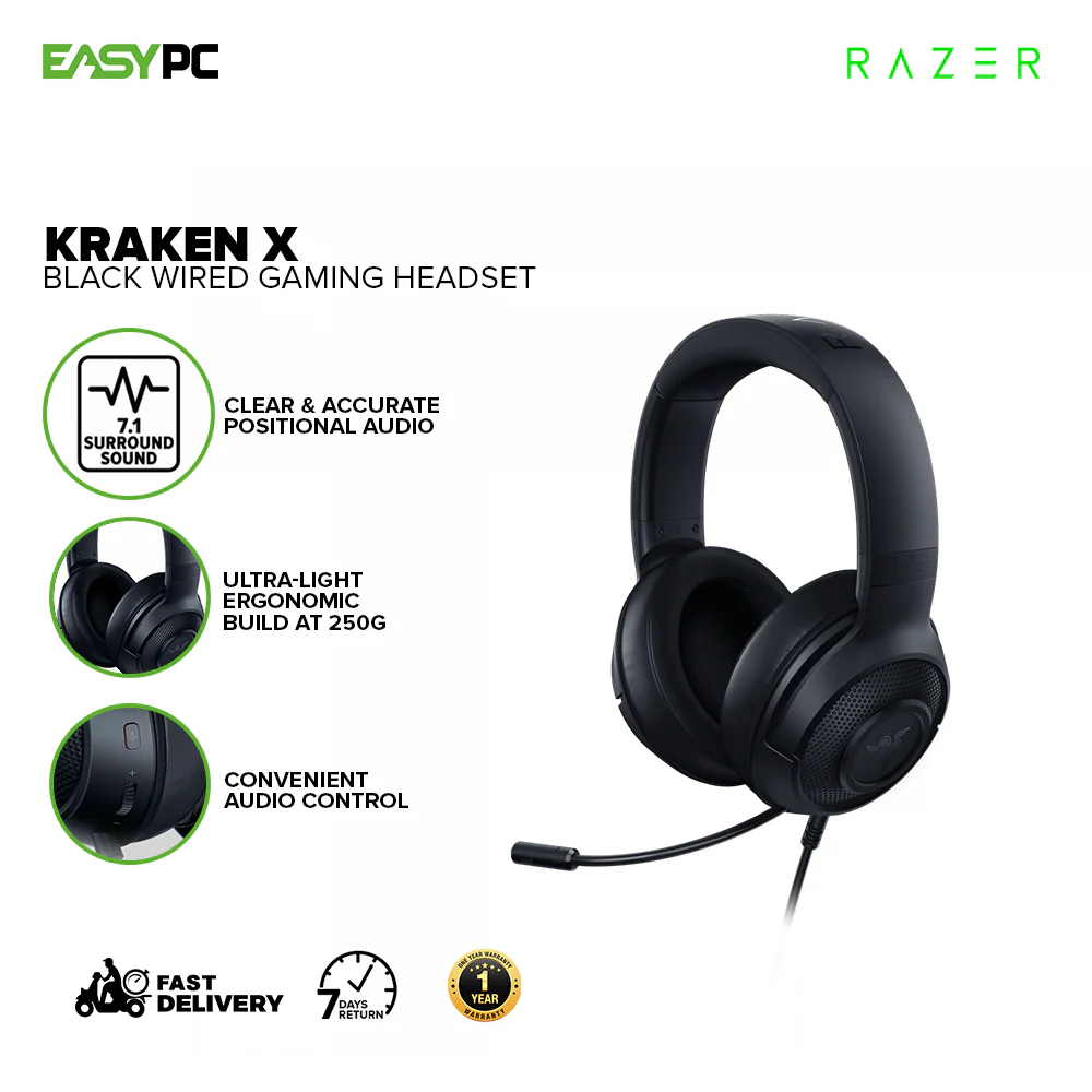 Razer Kraken X Black, Bendable cardioid microphone, Oval Ear Cushions Earcups Wired Gaming Headset RZ04-02890100-R3M1 1ION RARZ2201 - Image 2