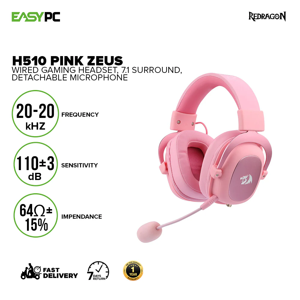 Redragon H510 Pink Zeus Wired Gaming Headset, 7.1 Surround, Detachable Microphone and  H510 ZEUS WHITE Gaming Headset 7.1 Surround Sound Memory Foam Ear Pads 15CYB - Image 2