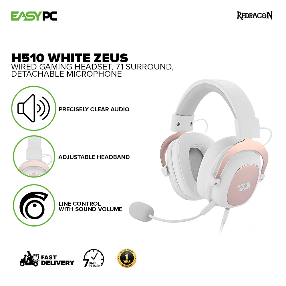 Redragon H510 Pink Zeus Wired Gaming Headset, 7.1 Surround, Detachable Microphone and  H510 ZEUS WHITE Gaming Headset 7.1 Surround Sound Memory Foam Ear Pads 15CYB - Image 7