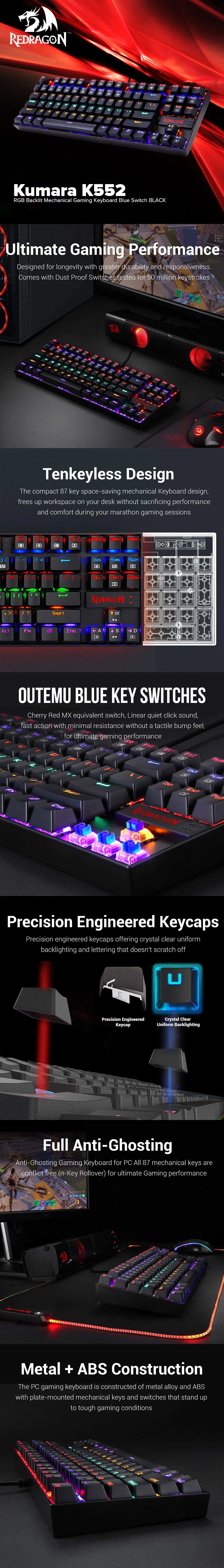 Redragon Kumara K552 RGB Backlit Mechanical Gaming Keyboard Blue Switch BLACK/WHITE - Image 11