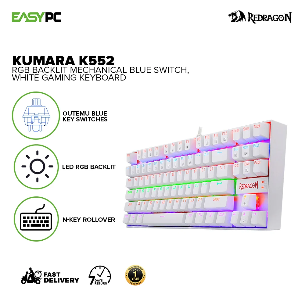 Redragon Kumara K552 RGB Backlit Mechanical Gaming Keyboard Blue Switch BLACK/WHITE - Image 7