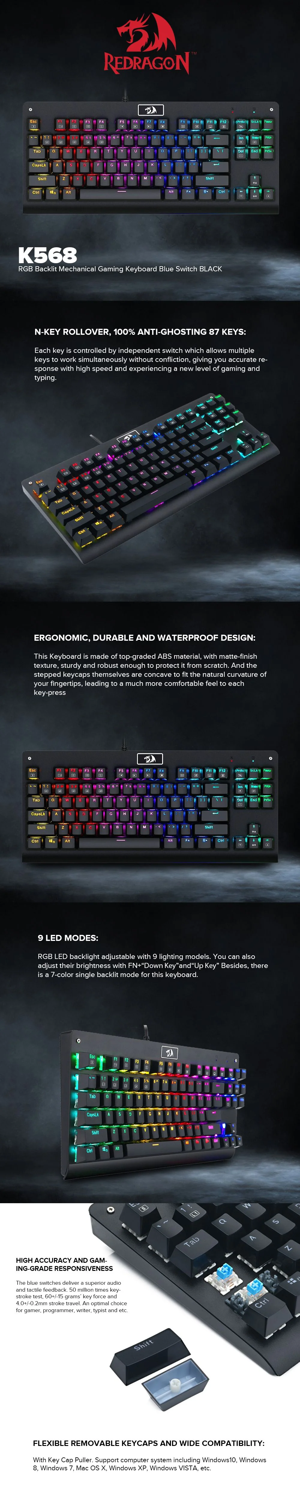 Redragon K568 RGB Dark Avenger Mechanical Gaming Keyboard 87 Keys - Image 6