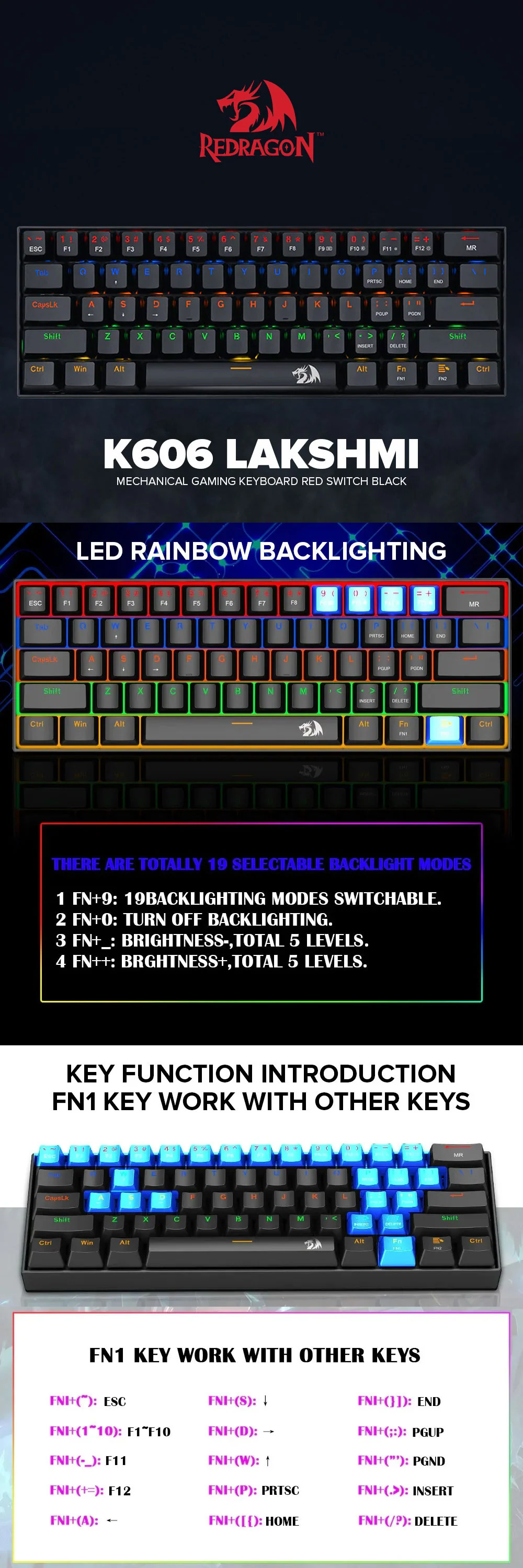 Redragon K606 LAKSHMI Mechanical Gaming Keyboard Red Switch Black - Image 6