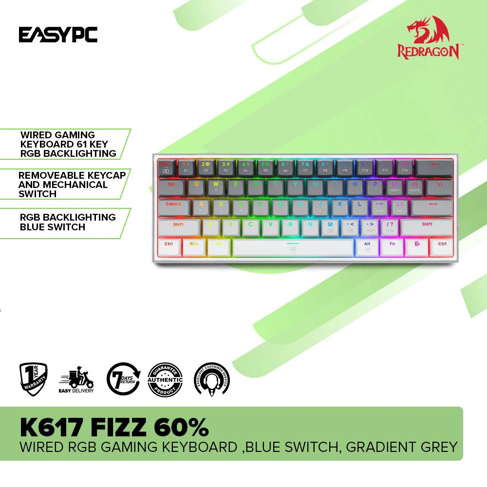 Redragon K617 FIZZ 60% Wired RGB Gaming Keyboard ,Blue Switch, Gradient Grey - Image 2
