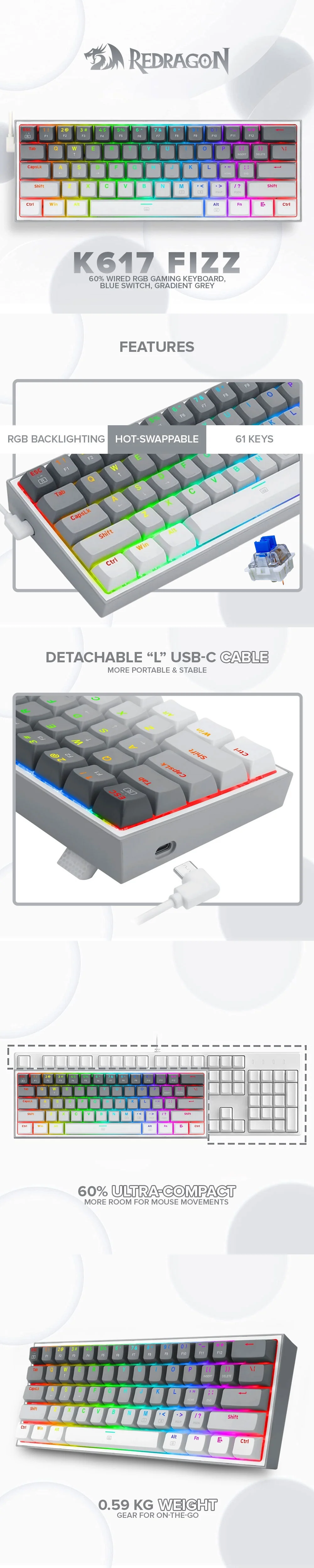 Redragon K617 FIZZ 60% Wired RGB Gaming Keyboard ,Blue Switch, Gradient Grey - Image 7