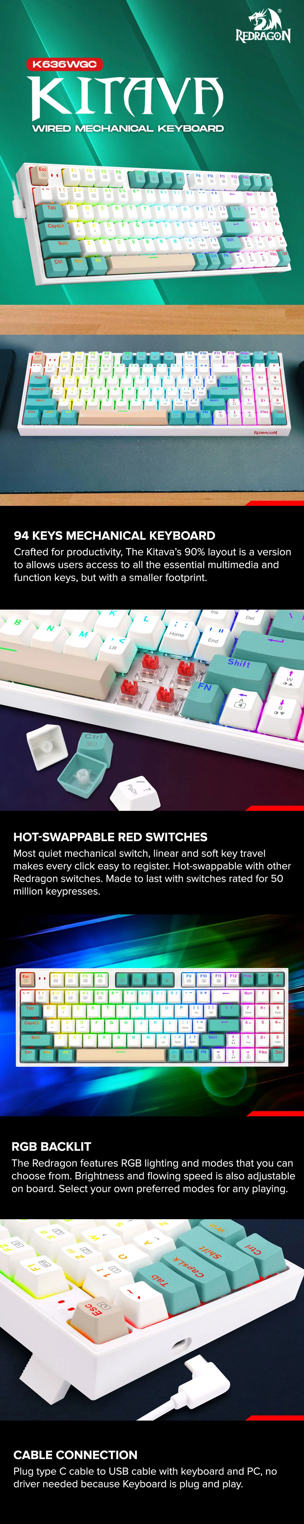 Redragon K636WGC-RGB KITAVA Mechanical Gaming Keyboard - Image 8