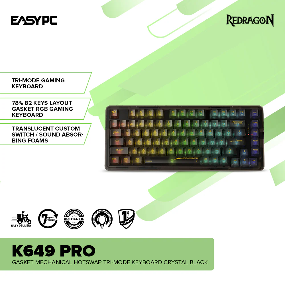 Redragon K649 PRO Gasket  Mechanical Hotswap Tri-mode keyboard Crystal Black - Image 2