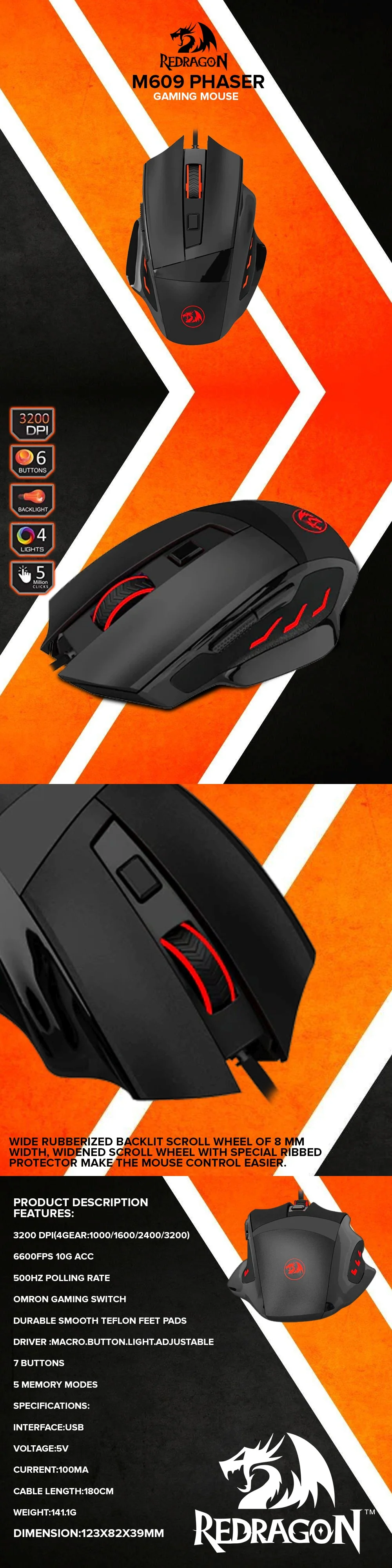 Redragon M609 PHASER Omron Switches 7 Programmable Buttons Gaming Mouse - Image 5