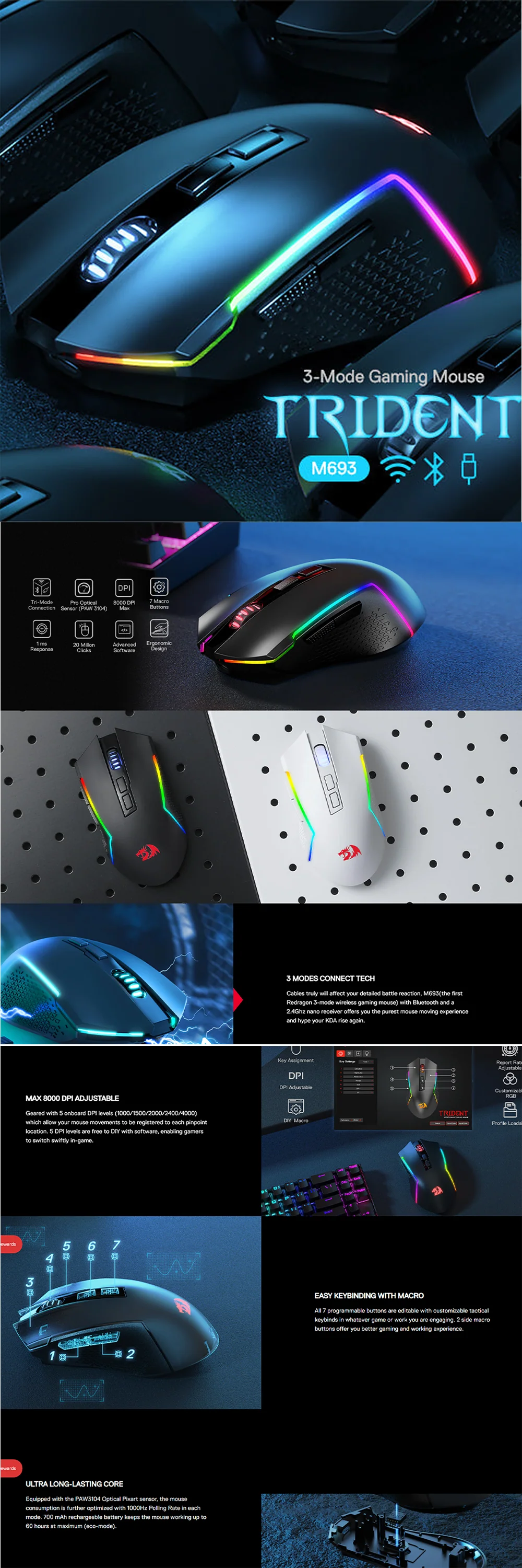 Redragon M693 Wireless Bluetooth w/ Tri-mode Connection Gaming Mouse Black - Image 4