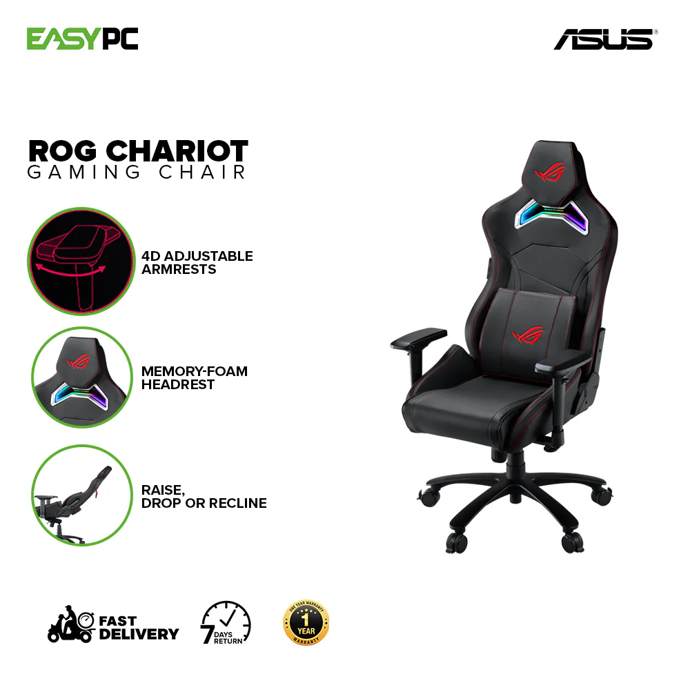 ROG Chariot RGB gaming chair in racing car style featuring memory foam lumbar support, 4D armrests, tilt mechanism and durable class 4 gas lift Gaming Chair - Image 2