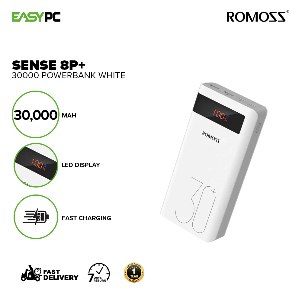 Romoss Sense 8p+ 30000 LED Display for Status Fast Charging Powerbank White - Image 2