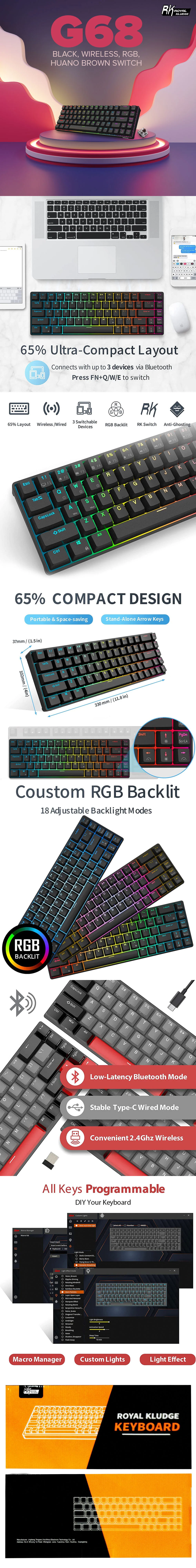 Royal Kludge G68 Full RGB Huano Brown and Blue Switch Black and White Wireless Keyboard - Image 21