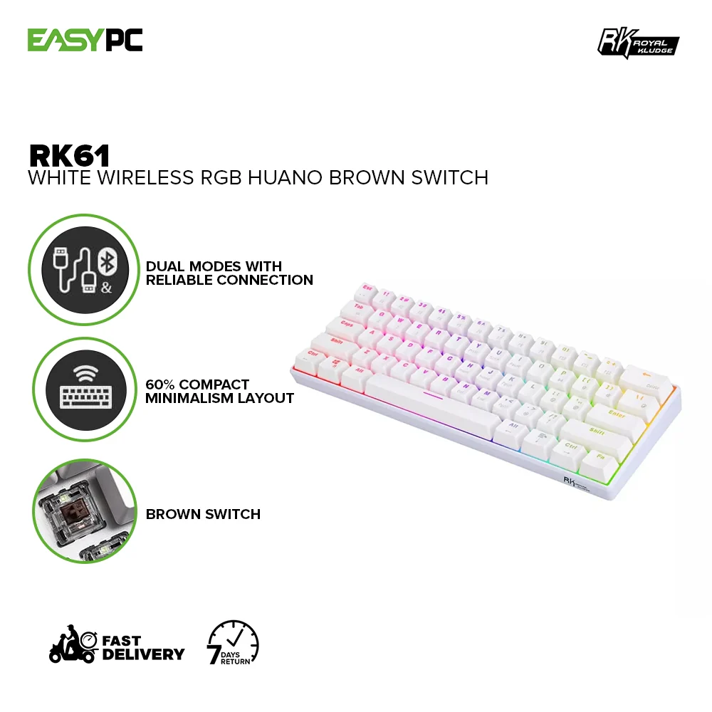 Royal Kludge RK61 ABS Double Shot Keycaps, White & Black Case, Blue & Brown Switch RGB Mechanical Gaming Keyboard  4JTP - Image 6