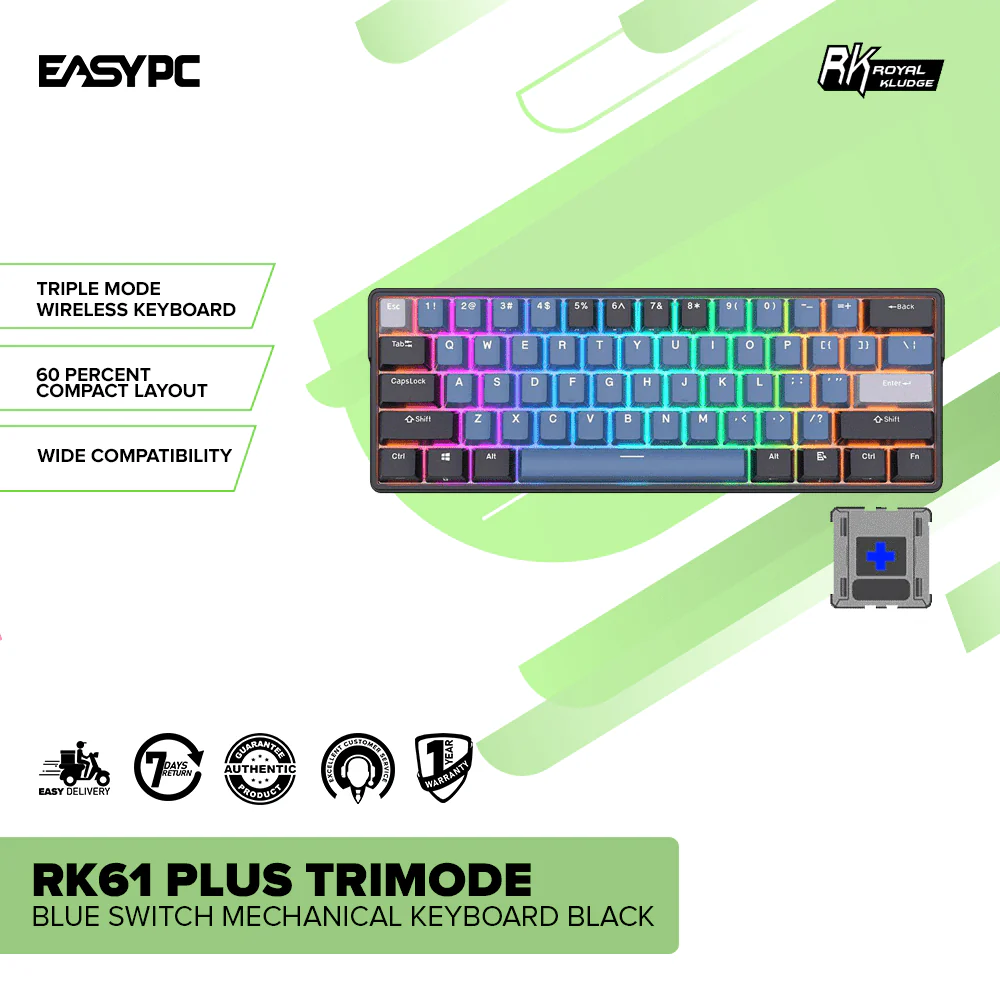 Royal Kludge RK61 Plus Trimode Blue switch Mechanical Keyboard Black/ Indigo - Image 2