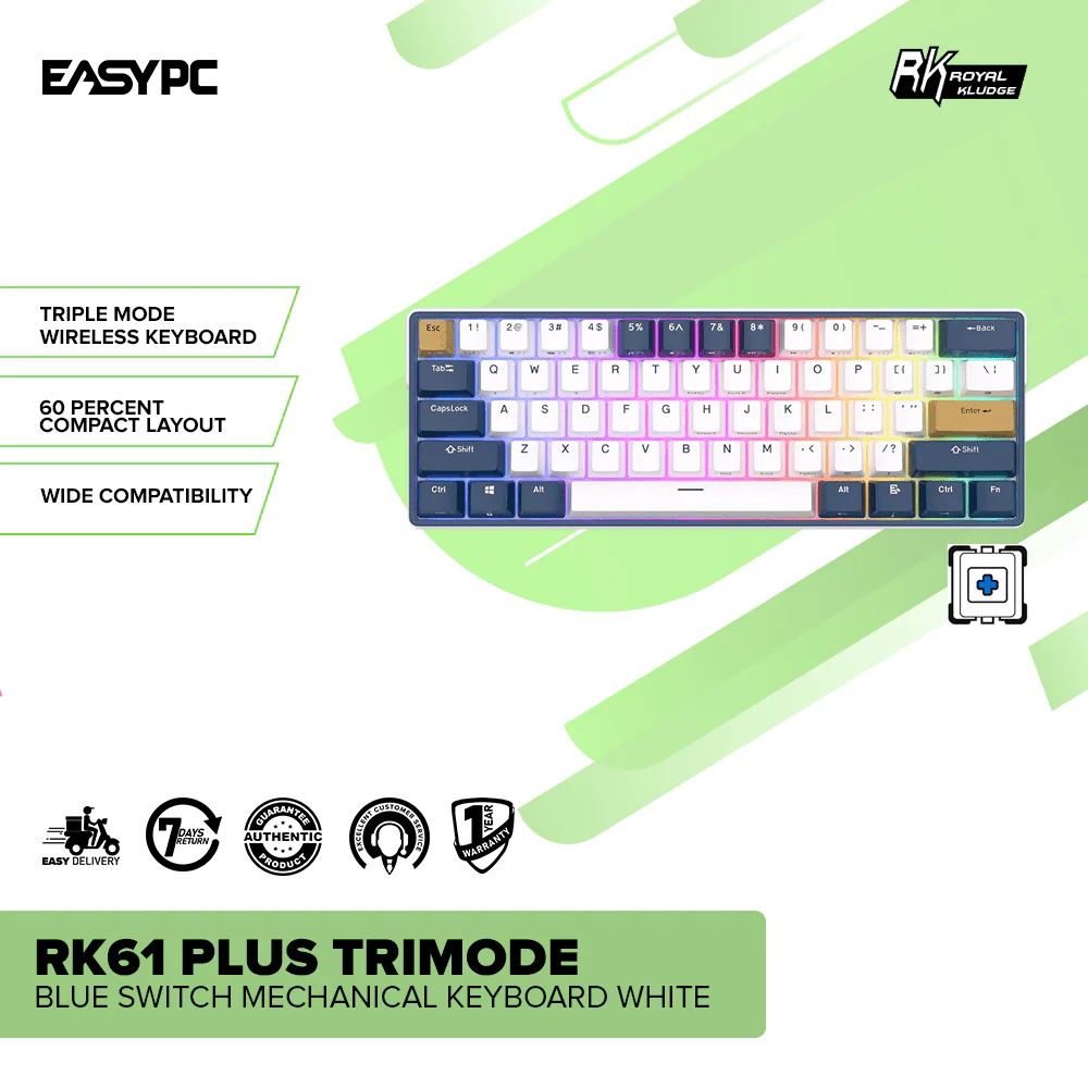 Royal Kludge RK61 Plus Trimode Blue switch Mechanical Keyboard White/ Klein Blue - Image 2