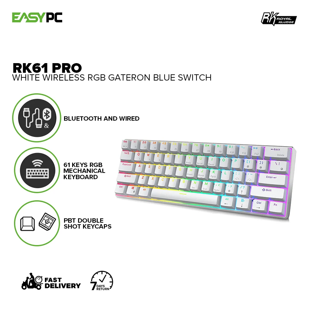 Royal Kludge RK61 Pro RGB Wireless Double Shot PBT Keycaps White Case Brown & Blue Switch Mechanical Keyboard 4JTP - Image 6
