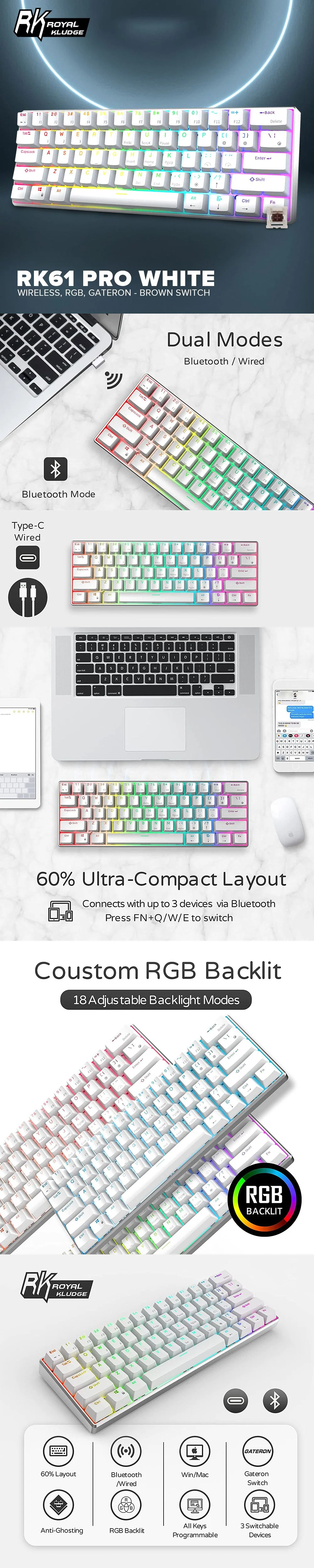 Royal Kludge RK61 Pro RGB Wireless Double Shot PBT Keycaps White Case Brown & Blue Switch Mechanical Keyboard 4JTP - Image 9