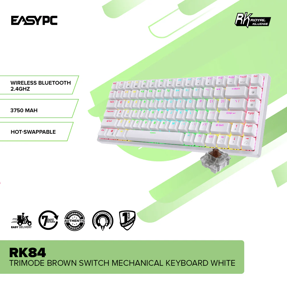 Royal Kludge RK84 Trimode Brown switch Mechanical Keyboard White - Image 2