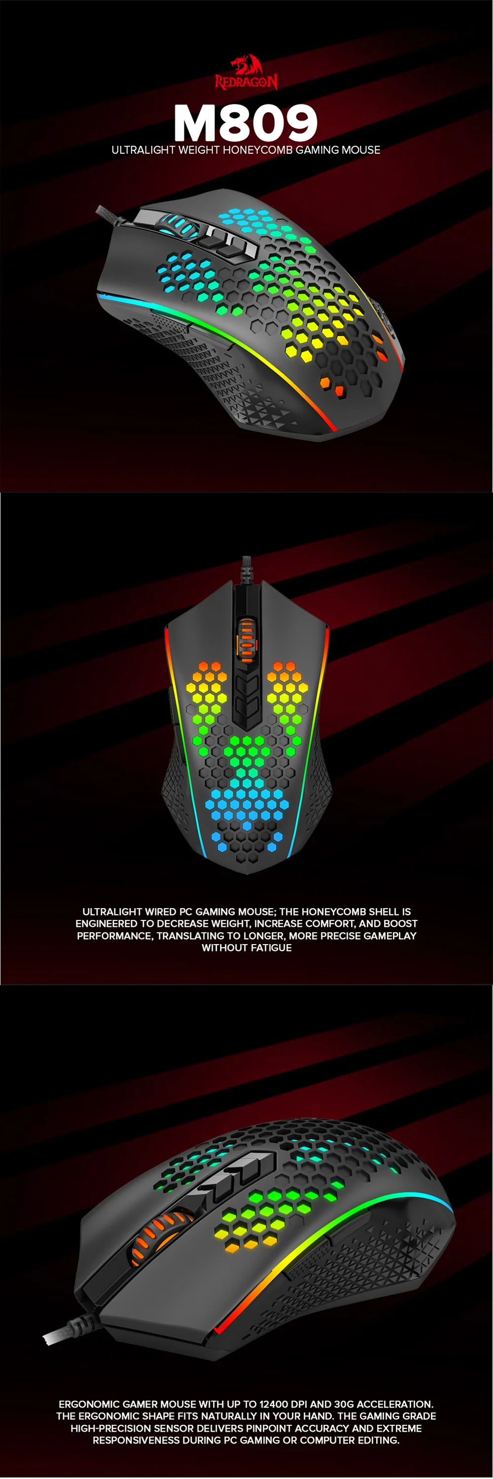 Redragon M809 Ultralight Weight Honeycomb Gaming Mouse - Image 5