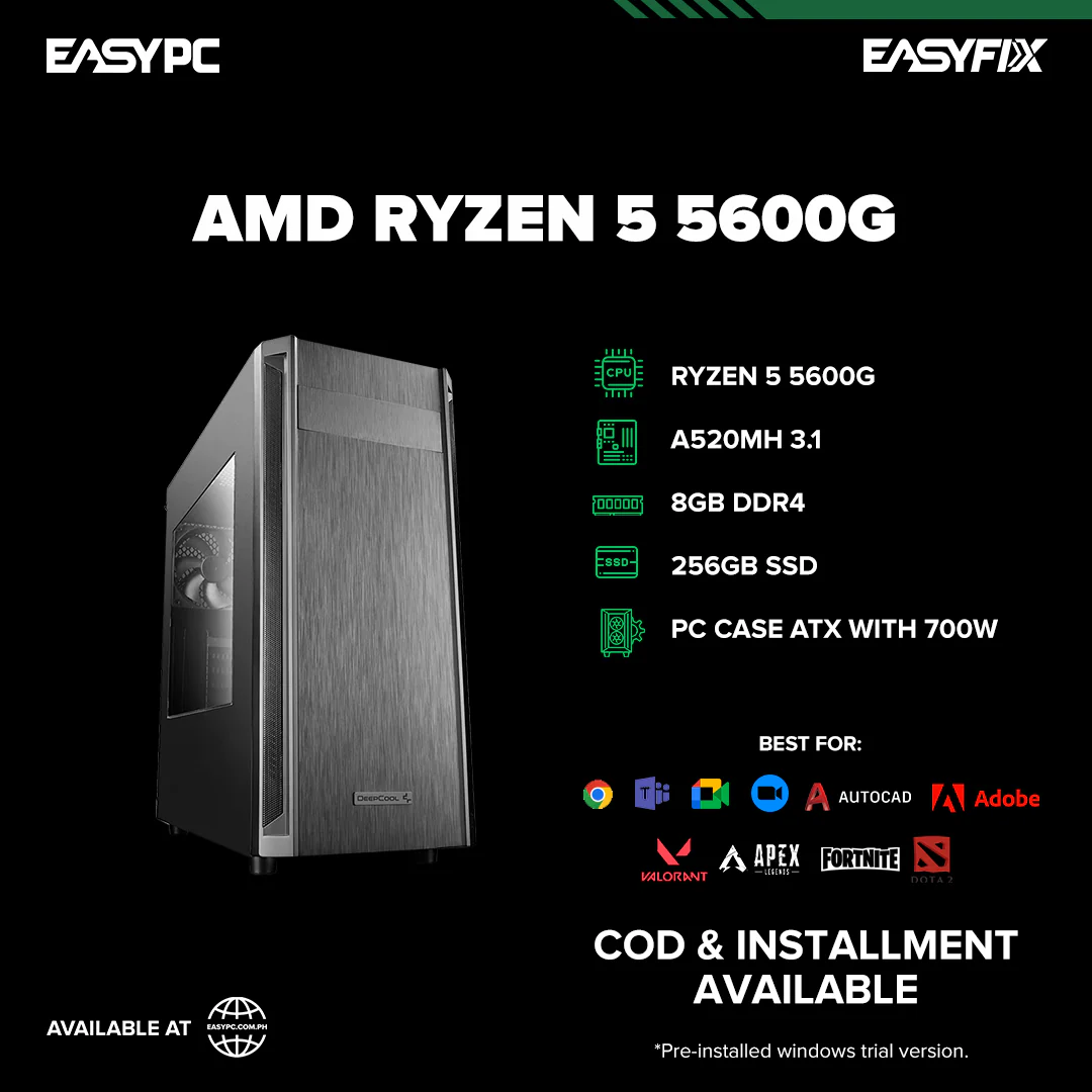 Ryzen 5 5600G / A520 / 8GB DDR4 / 256GB SSD / 700w Power Supply / PC Case ATX