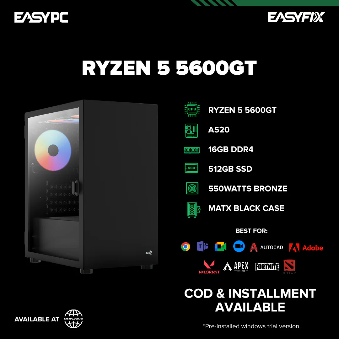 Ryzen 5 5600GT / A520 / 16GB DDR4 / 512GB SSD / 550W 80+ Bronze / MATX Pc Case
