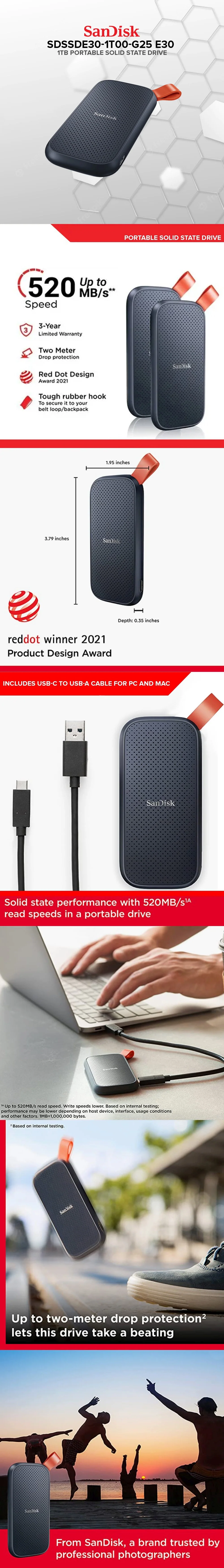 Sandisk SDSSDE30-1T00-G25 E30 1TB Portable Solid State Drive - Image 5