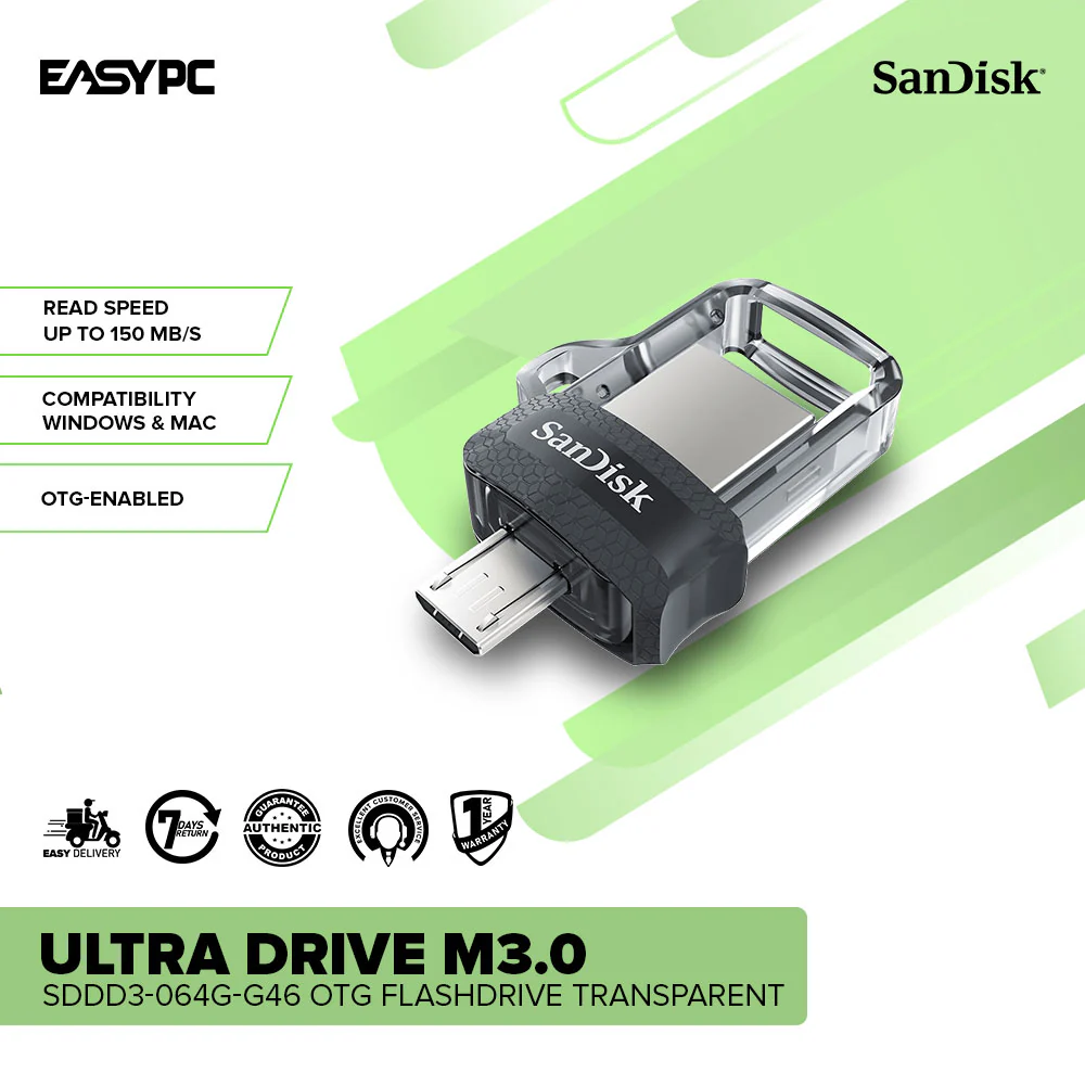 Sandisk Ultra SDDD3-064G-G46 Dual Drive M3.0/OTG Flashdrive Transparent - Image 2
