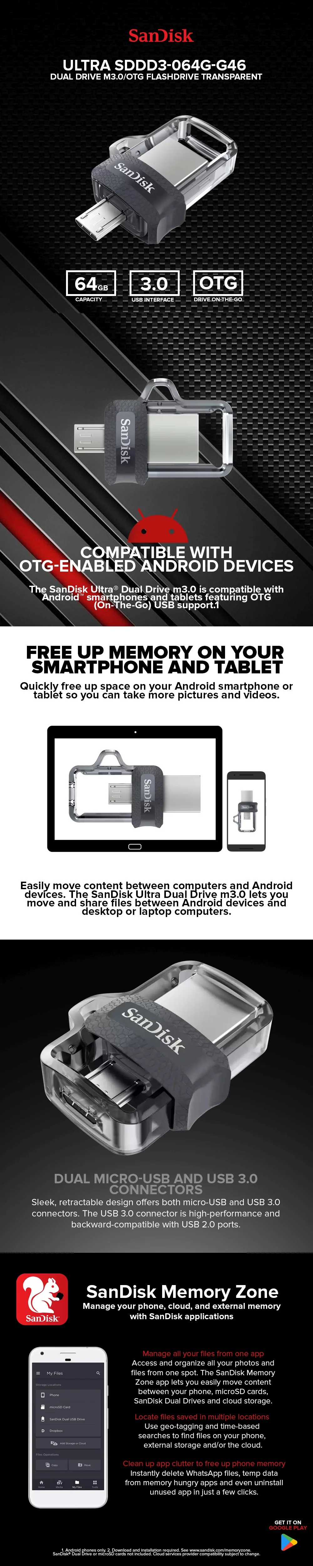 Sandisk Ultra SDDD3-064G-G46 Dual Drive M3.0/OTG Flashdrive Transparent - Image 5