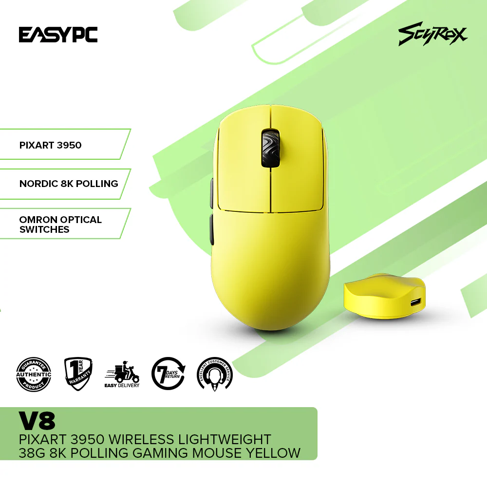 SCYROX V8 PIXART 3950 Wireless Lightweight 38g 8K Polling Gaming Mouse Yellow - Image 2