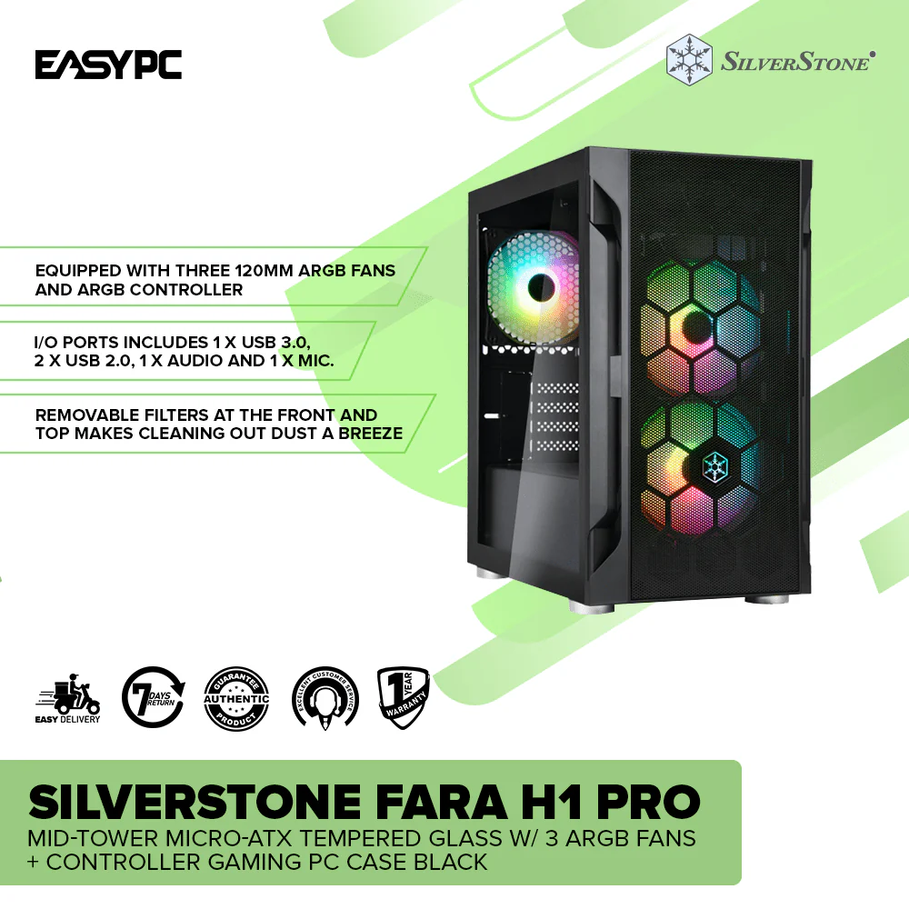Silverstone FARA H1 PRO Mid-Tower Micro-ATX TG w/ 3 ARGB Fans+Controller Gaming PC Case Black - Image 2