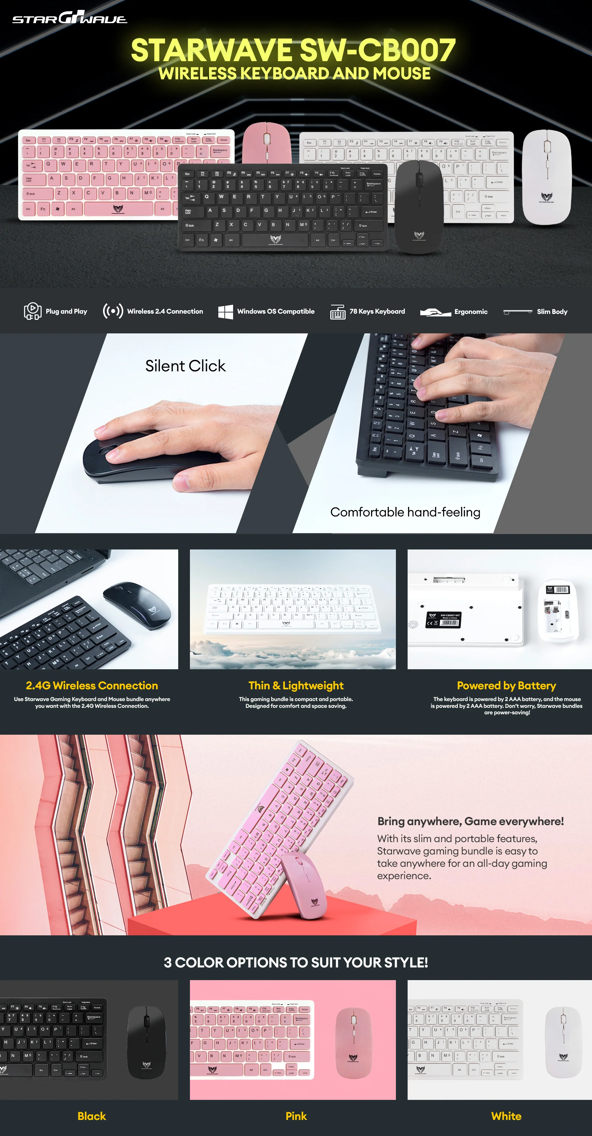Starwave SW-CB007 2.4g Black, White, Pink 78-Key, 2.4G Plug and Play Wireless Keyboard and Mouse - Image 17