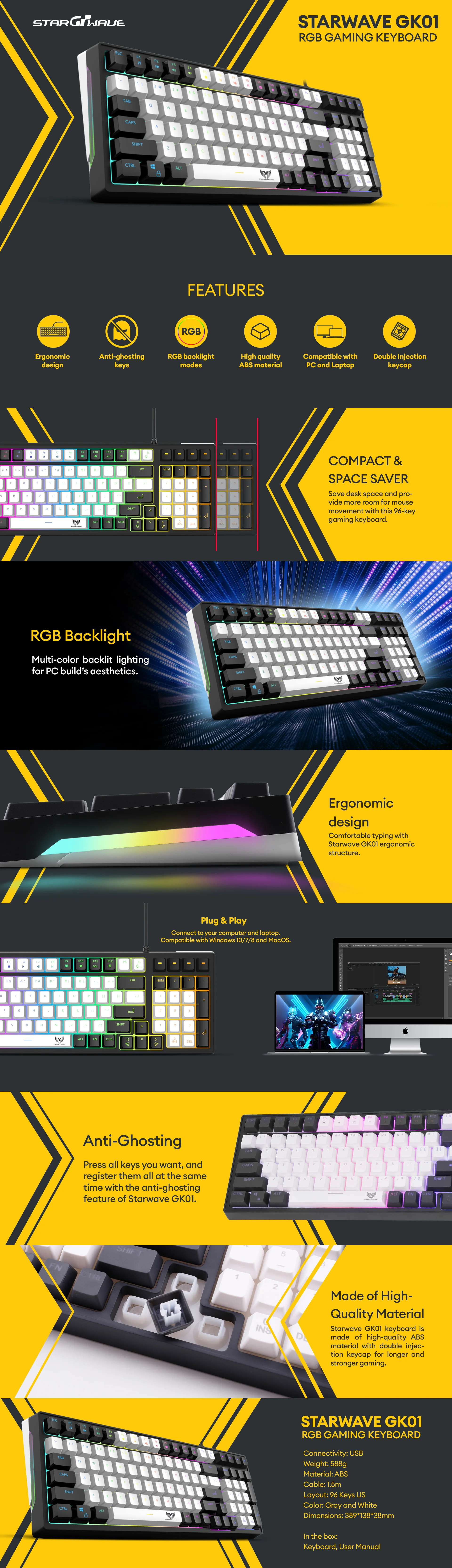 STARWAVE SW-GK01 Gaming Keyboard RGB Backlit 94 Keys - Image 6