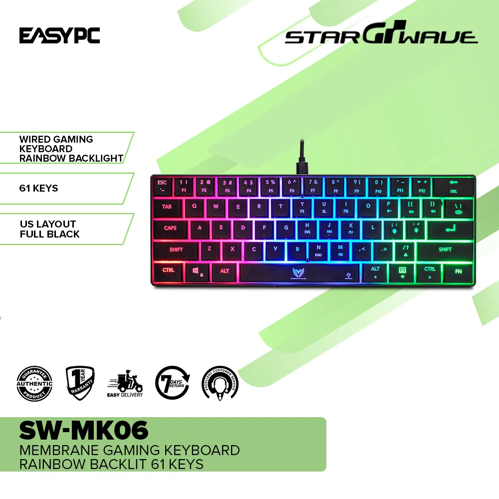 STARWAVE SW-MK06 Membrane Gaming Keyboard Rainbow Backlit 61 Keys - Image 2