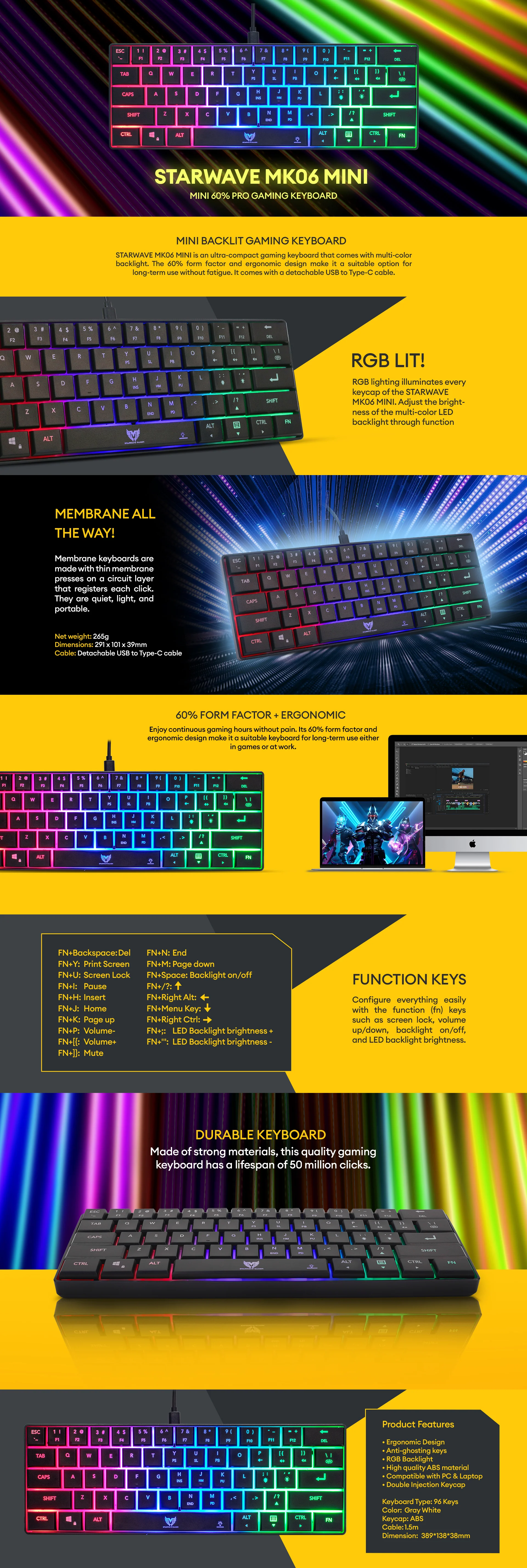 STARWAVE SW-MK06 Membrane Gaming Keyboard Rainbow Backlit 61 Keys - Image 5