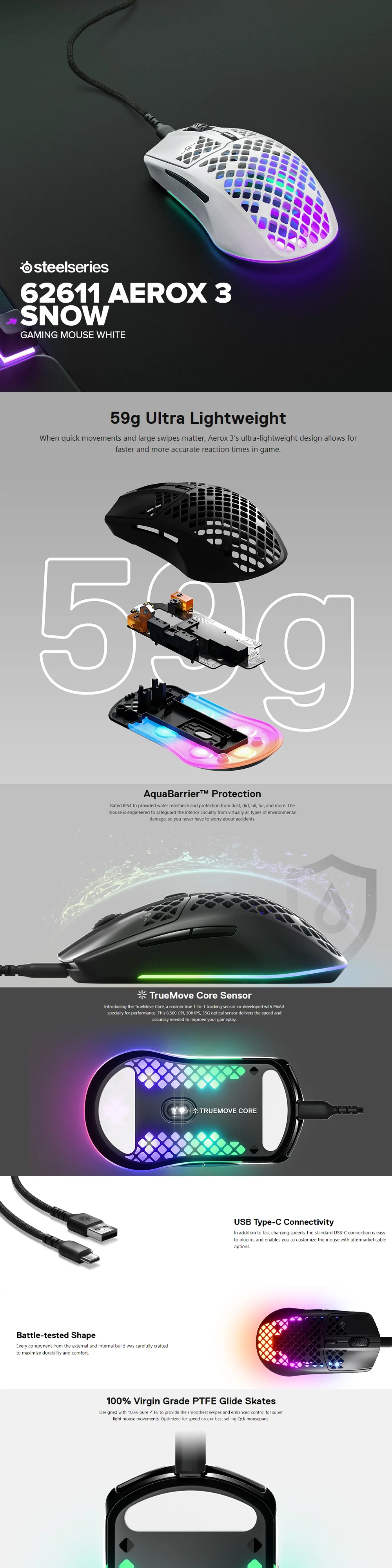 SteelSeries 62611 Aerox 3 Snow Gaming Mouse White - Image 5