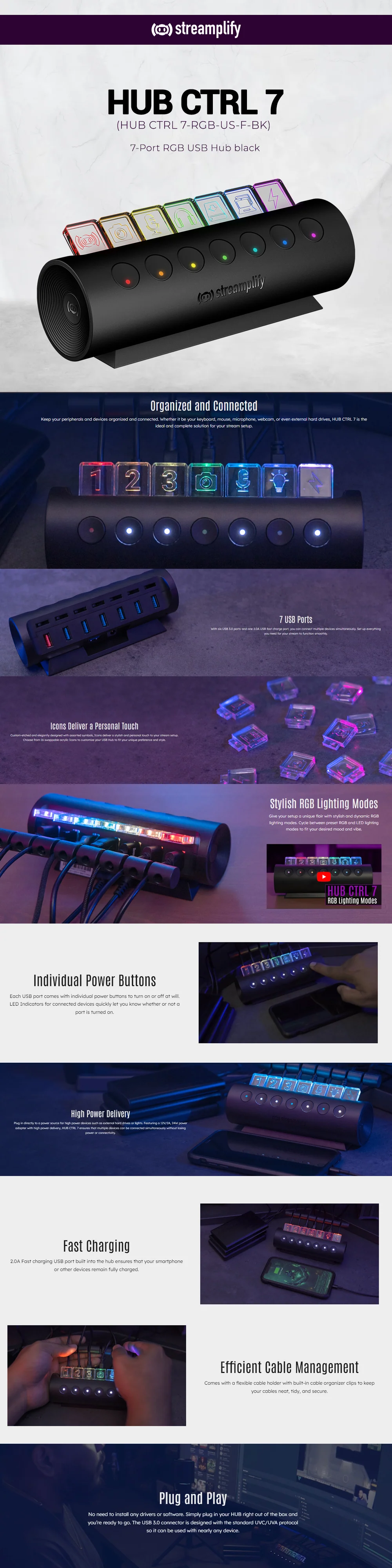 Streamplify (HUB CTRL 7-RGB-US-F-BK) 7-Port RGB USB Hub black - Image 5