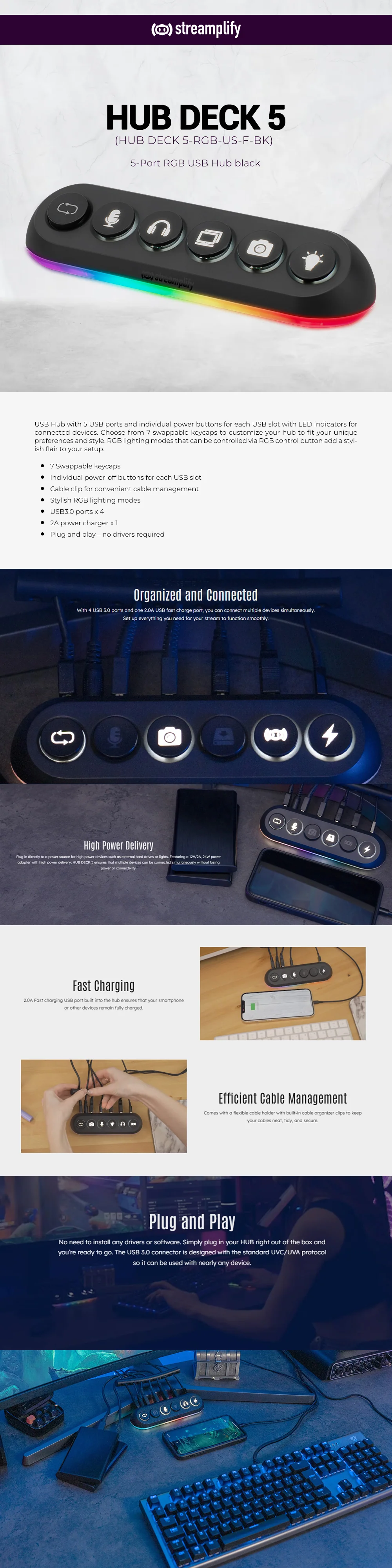Streamplify (HUB DECK 5-RGB-US-F-BK) 5-Port RGB USB Hub black - Image 5
