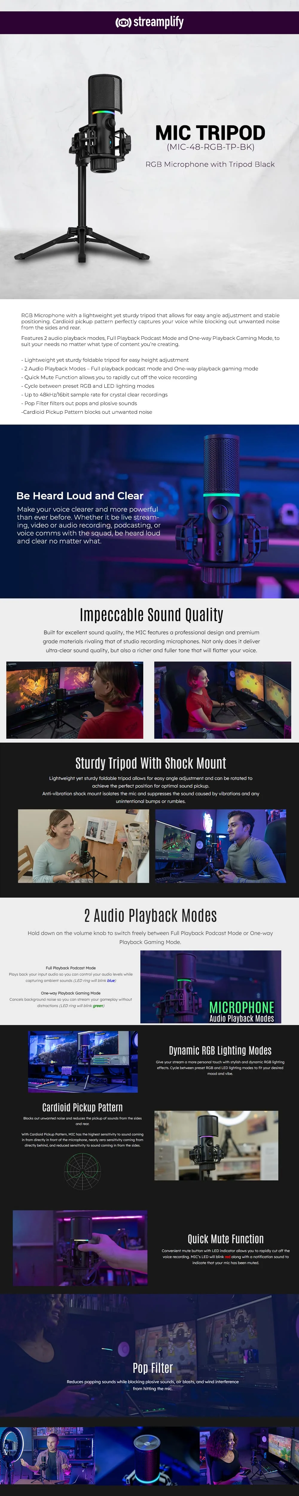 Streamplify (MIC-48-RGB-TP-BK) RGB Microphone with Tripod Black - Image 5