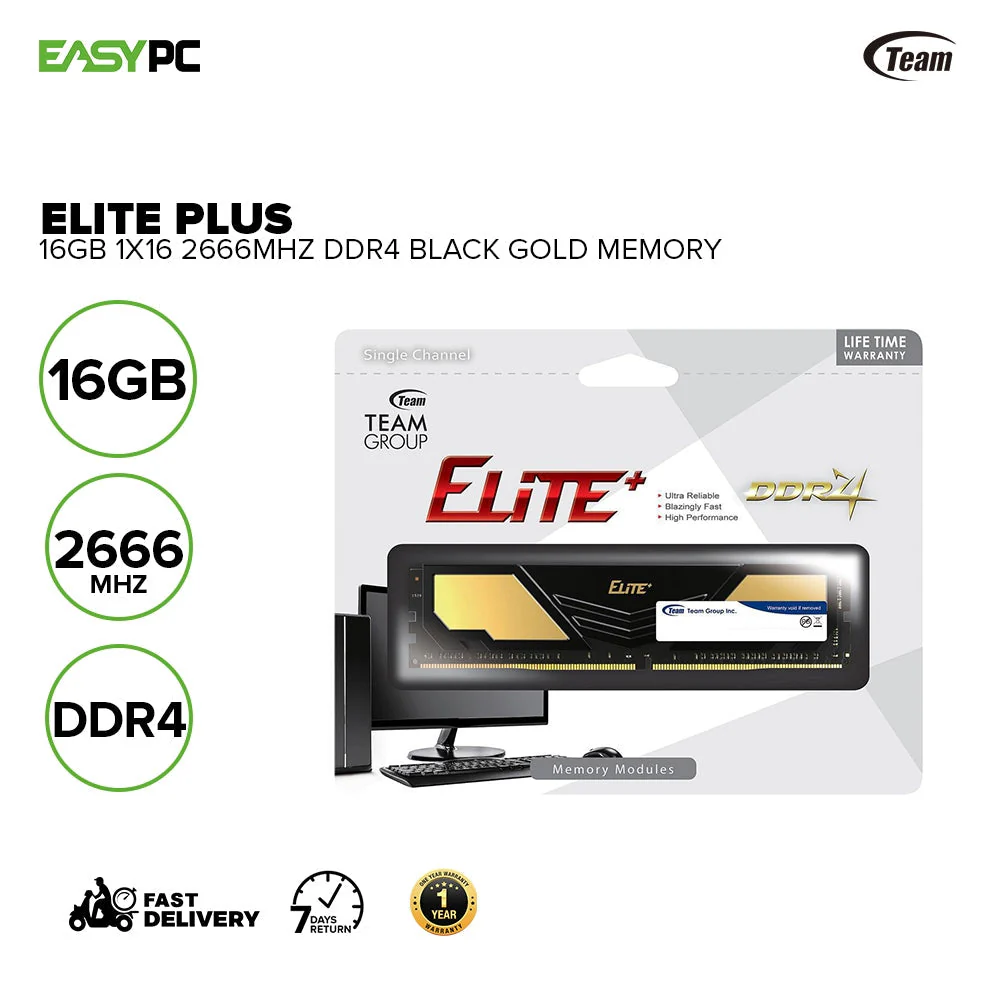 Team Elite Plus 1x16 2666Mhz Ddr4 Memory Black Gold,2666 Mhz UDimm Memory PC4 21300 w/ heat spreader - Image 2