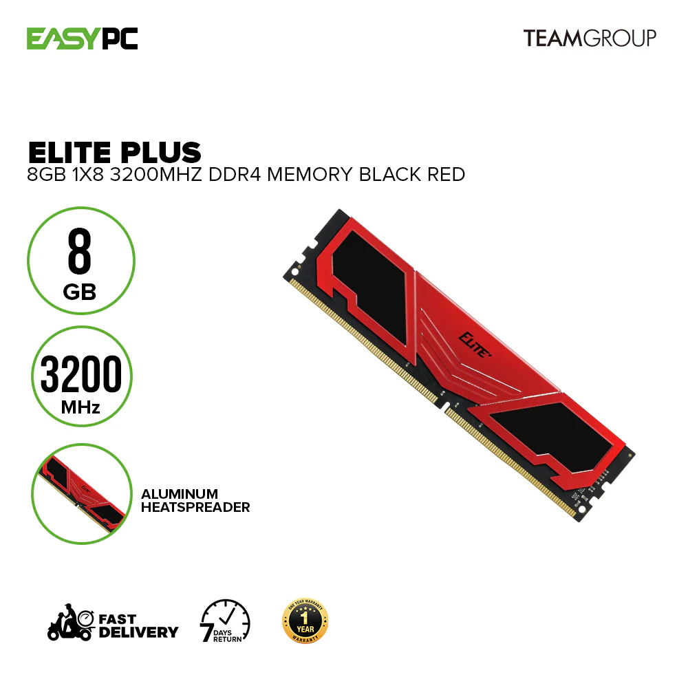 Team Elite Plus 8gb 1x8 3200Mhz Ddr4 Memory Black Red - Image 2