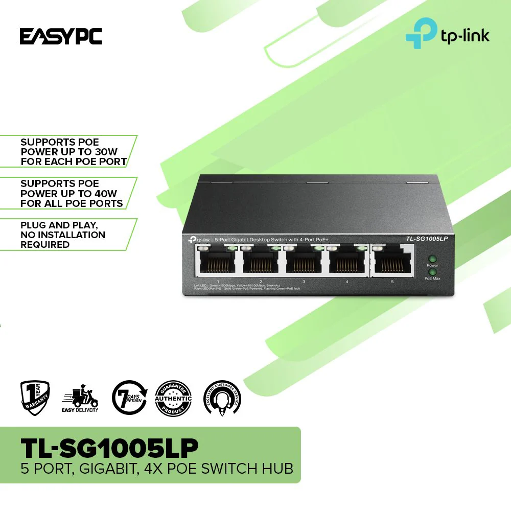TPLink TL-SG1005LP 5 Port, Gigabit, 4X PoE Switch Hub - Image 2