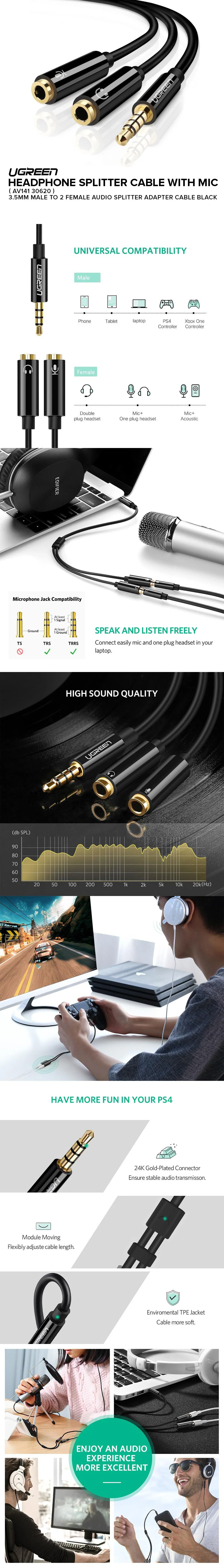 UGREEN AV141 30620 3.5mm Male to 2 Female Audio Splitter Adapter Cable Black - Image 3